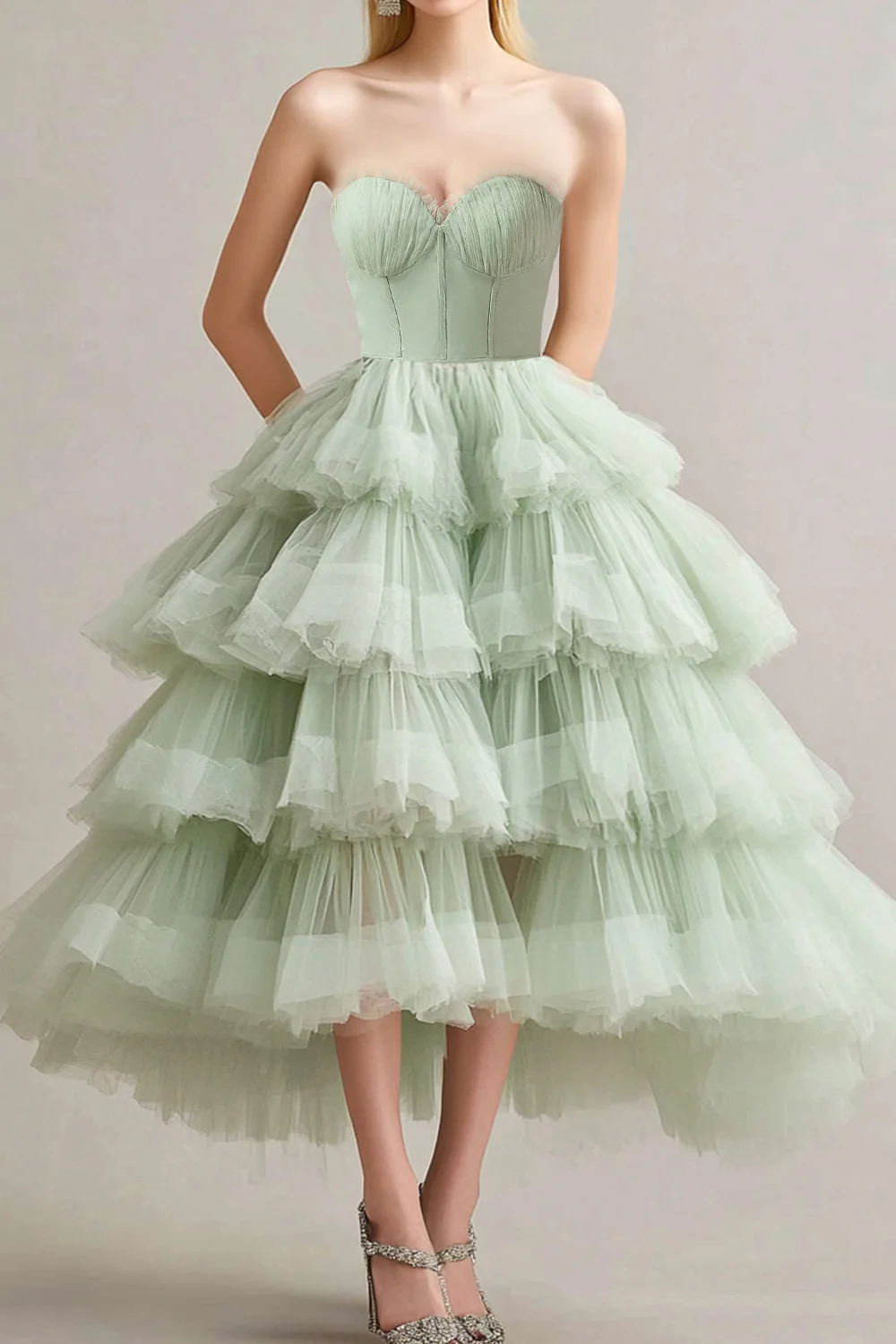 A Line Sage Robe bustier à volants étagés en tulle