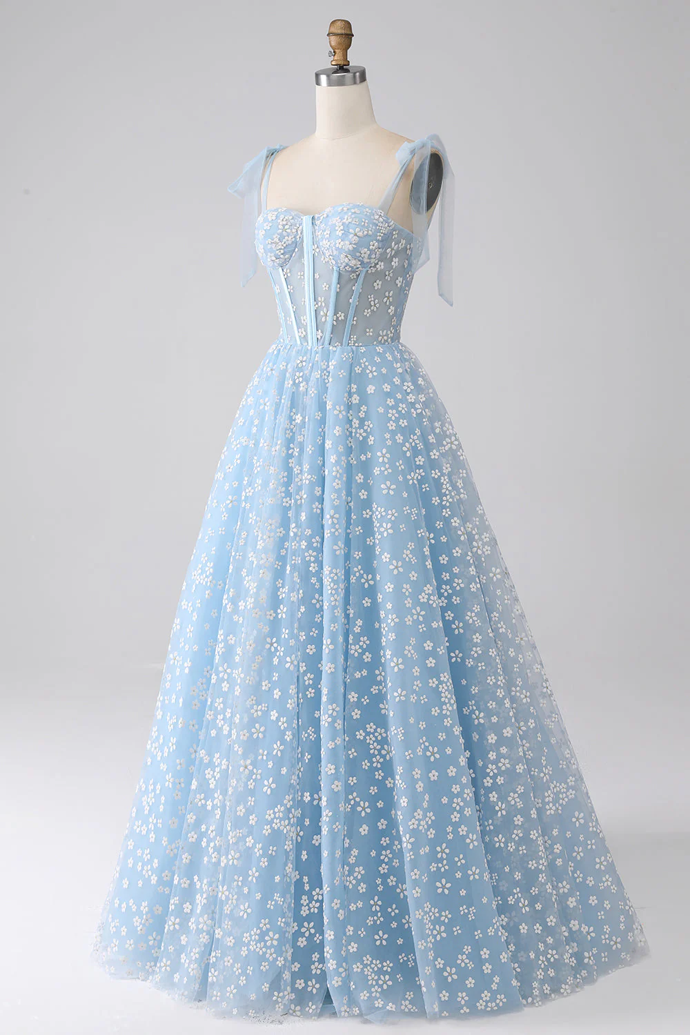 Robe de Soirée trapèze à bretelles spaghetti bleu ciel - Image 3