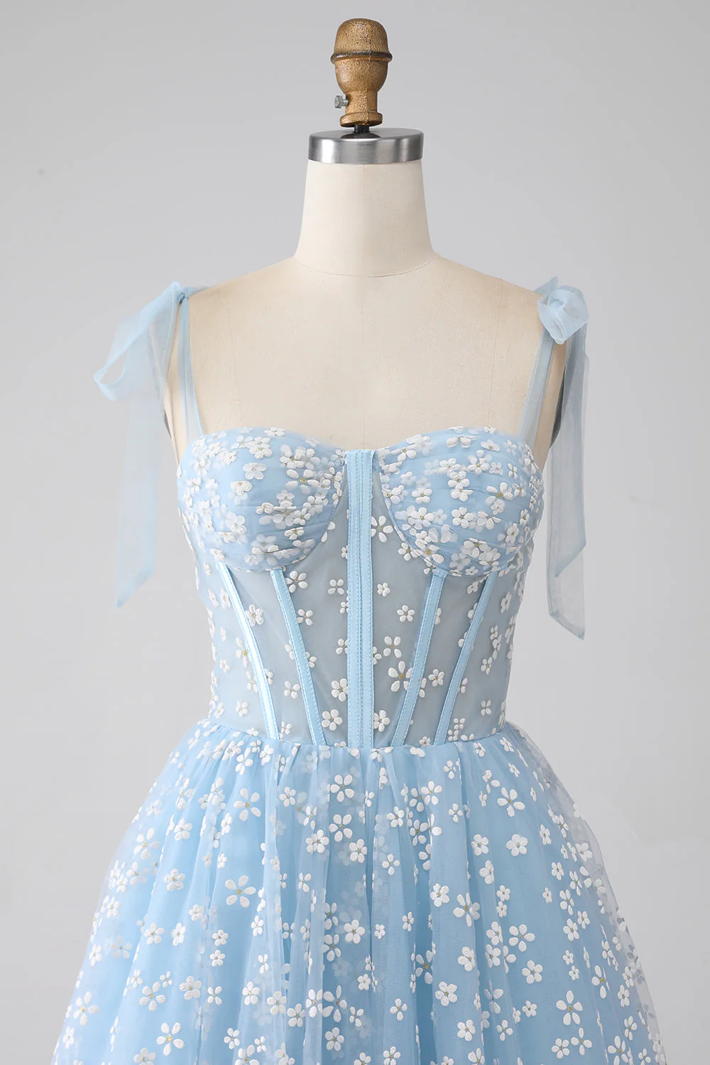 Robe de Soirée trapèze à bretelles spaghetti bleu ciel - Image 4