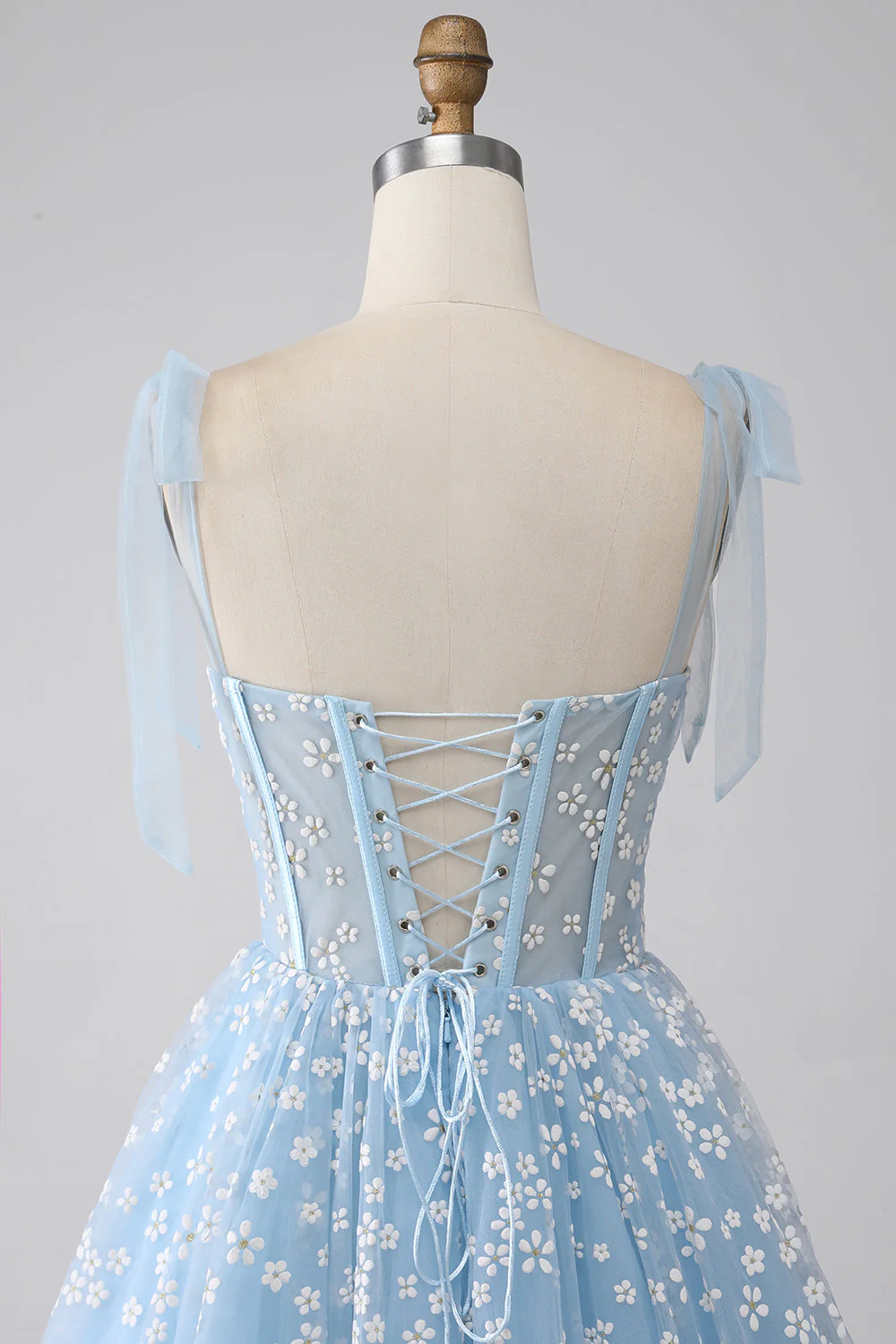 Robe de Soirée trapèze à bretelles spaghetti bleu ciel - Image 5