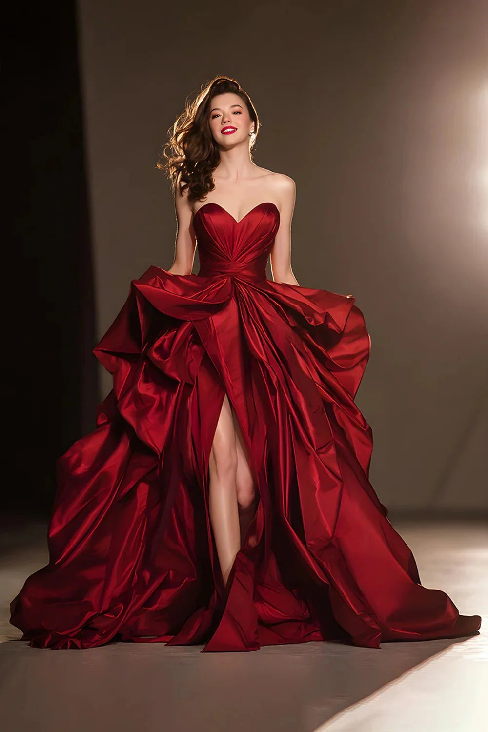 A Line Sweetheart Robe à volants rouge foncé avec fente