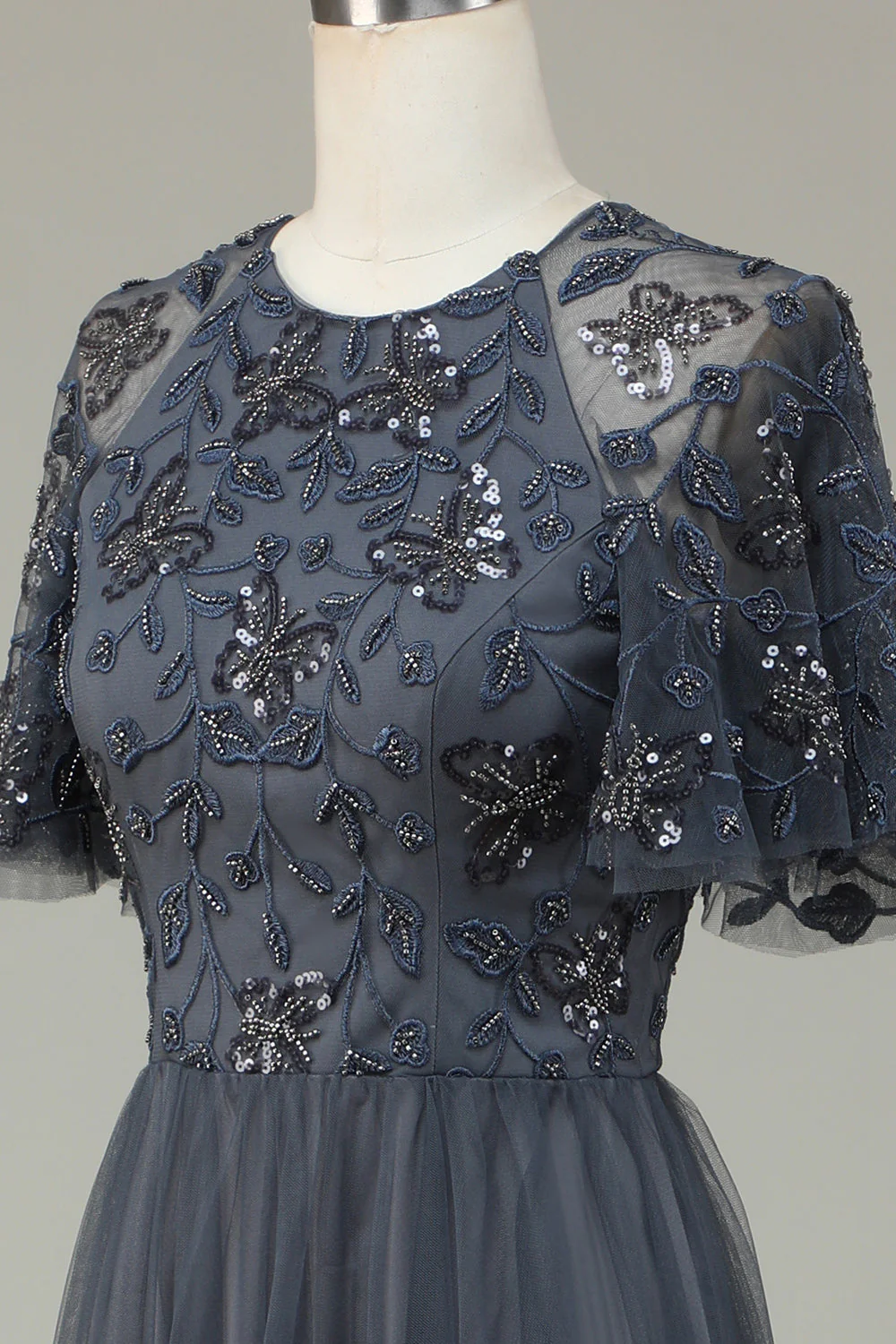 A-Line Tulle Perle Long Gris Robe de demoiselle d’honneur avec appliques - Image 12