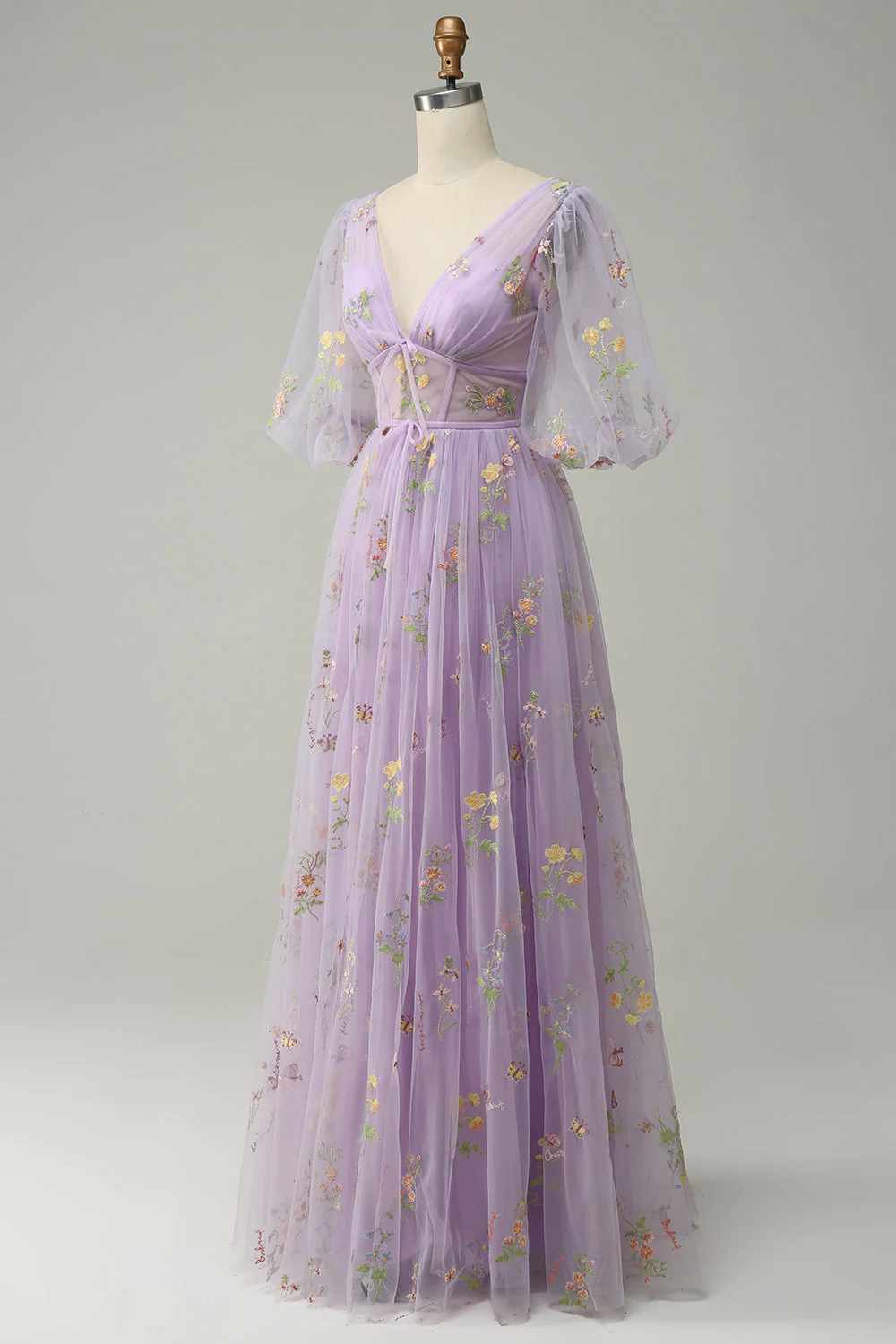 Robe de soirée longue A-ligne lavande à col V avec broderie et manches courtes - Image 4