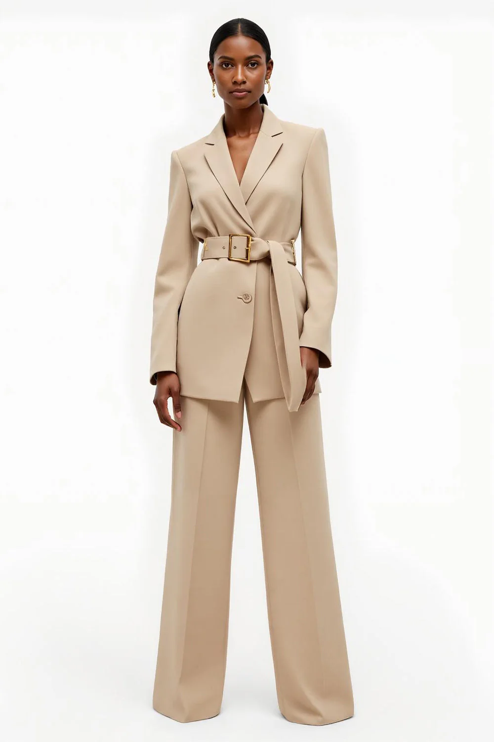Costume 2 pièces abricot pour femme à revers cranté avec ceinture