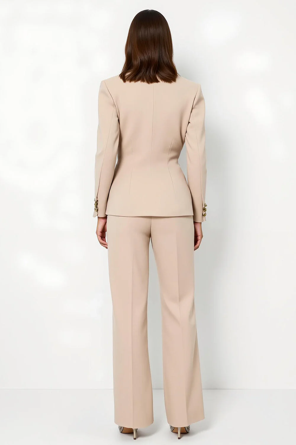 Costume femme 2 pièces abricot à revers cranté et double boutonnage - Image 2