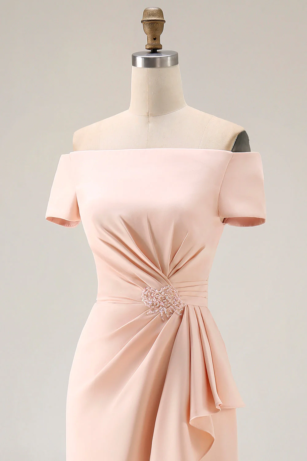Abricot Épaule Dénudée Fourreau Ruché Mère De La Mariée Robe Avec Fente À Volants - Image 6