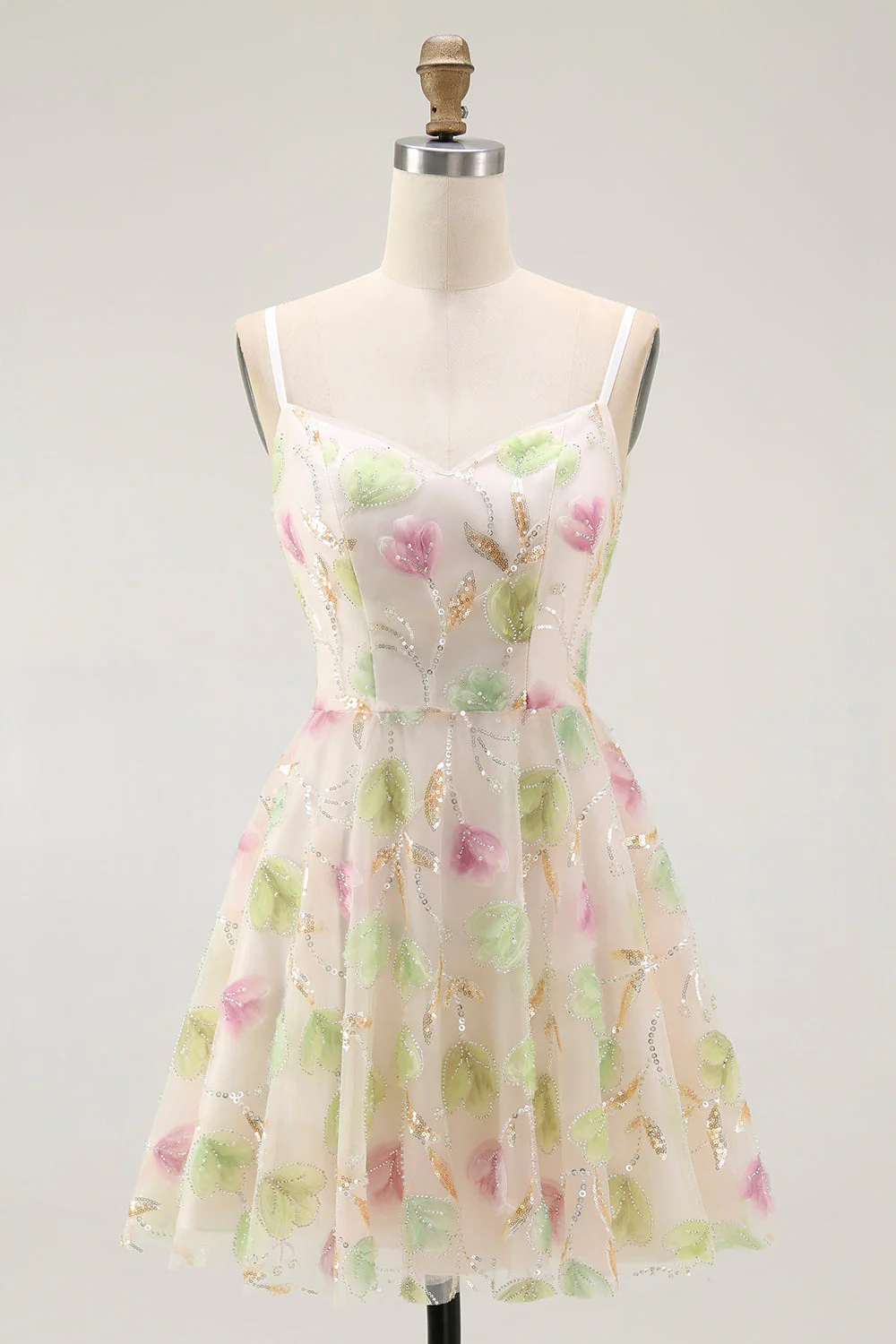 Abricot Floral Sequin Une Ligne Mini Robe de Retrouvailles