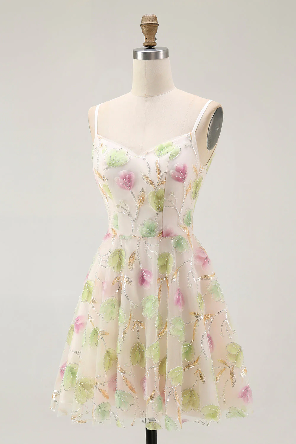 Abricot Floral Sequin Une Ligne Mini Robe de Retrouvailles - Image 3
