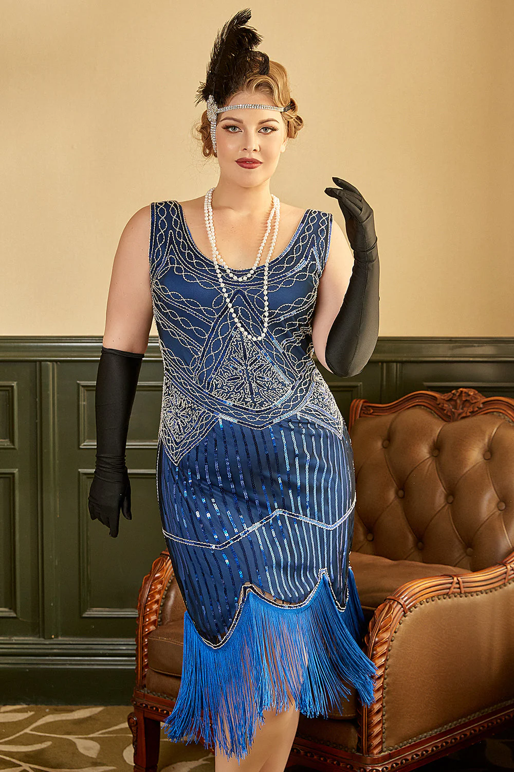 Robe années 20 grande taille abricot à sequins et franges - Image 14