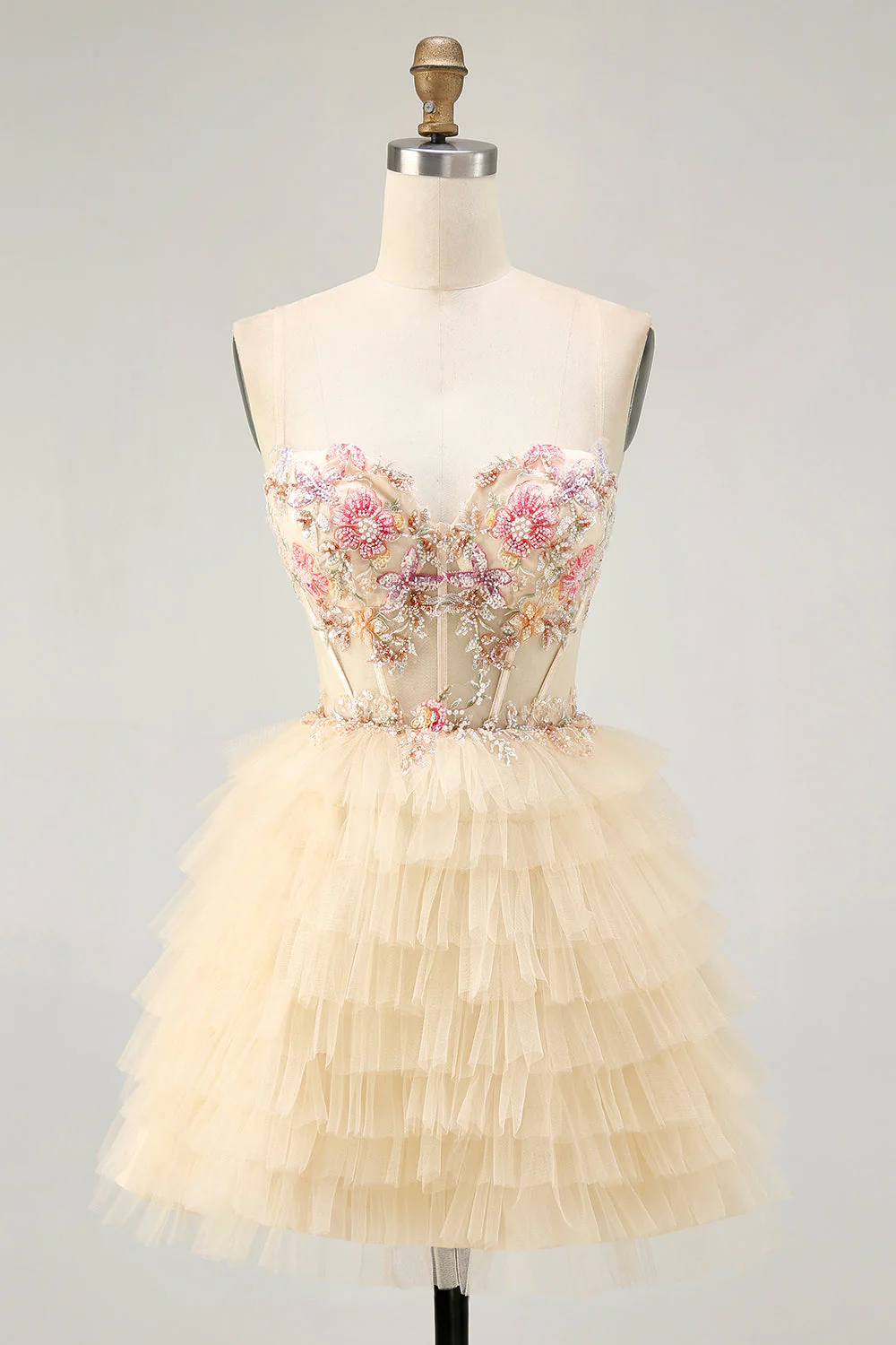Abricot Spaghetti Bretelles Corset Une Ligne Volantée Robe de cocktail