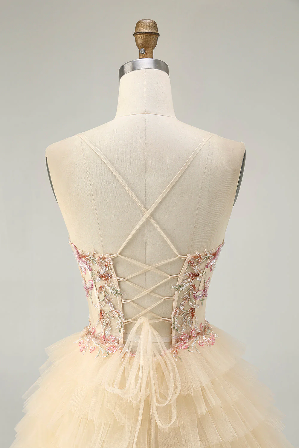 Abricot Spaghetti Bretelles Corset Une Ligne Volantée Robe de cocktail - Image 5