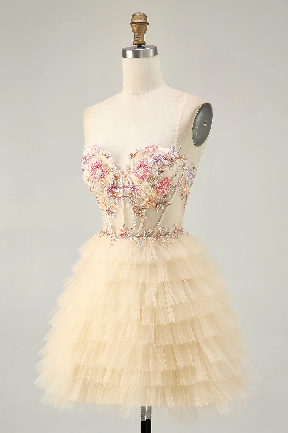 Abricot Spaghetti Bretelles Corset Une Ligne Volantée Robe de cocktail - Image 6