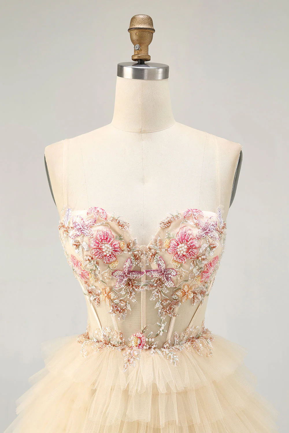 Abricot Spaghetti Bretelles Corset Une Ligne Volantée Robe de cocktail - Image 8