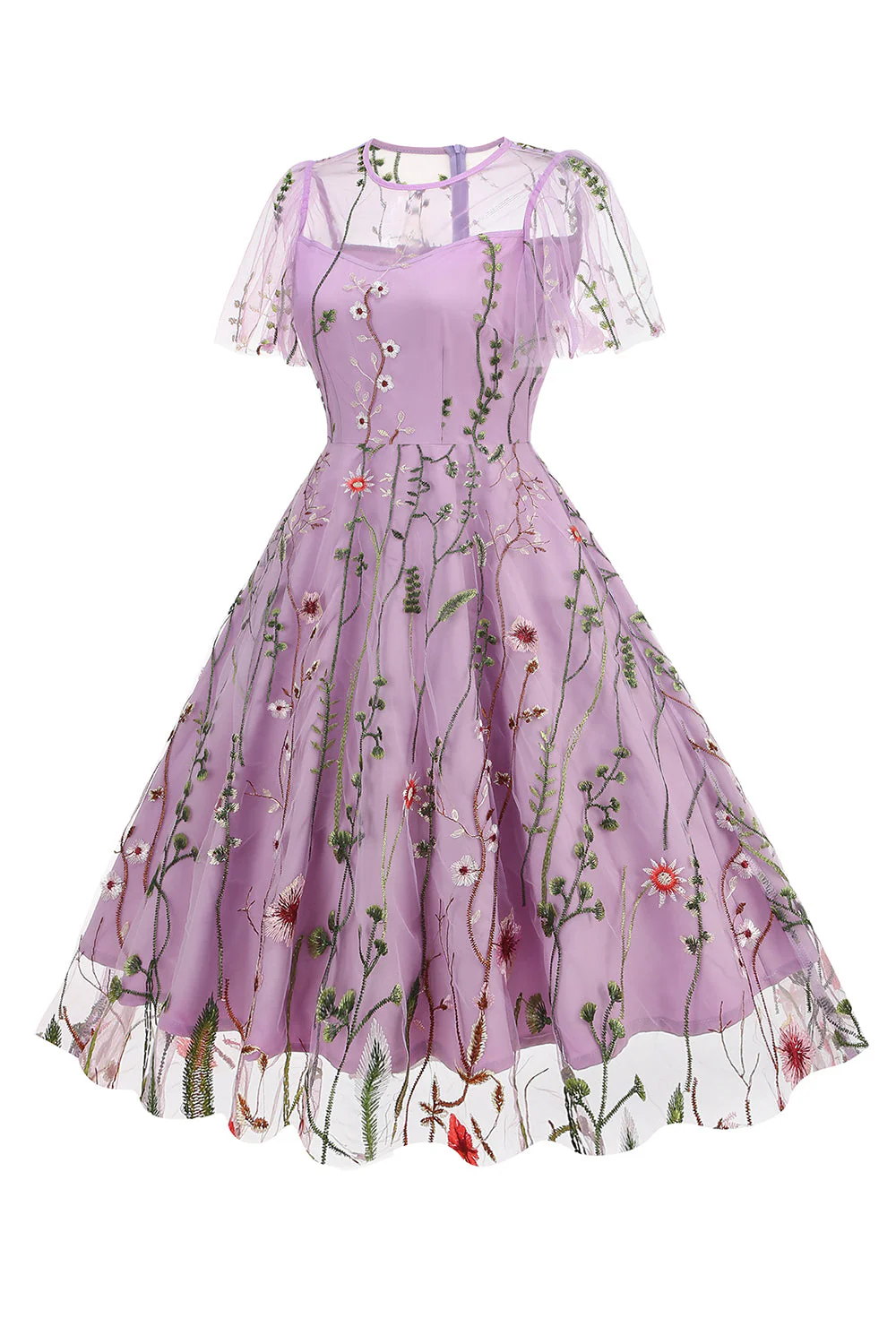Abricot Une Ligne Tulle Imprimé Robe À Manches Courtes Des Années 1950 - Image 20