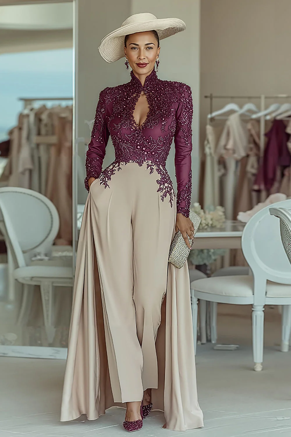 Combinaison pour mère de la mariée abricot violet col haut appliqué avec trou de serrure