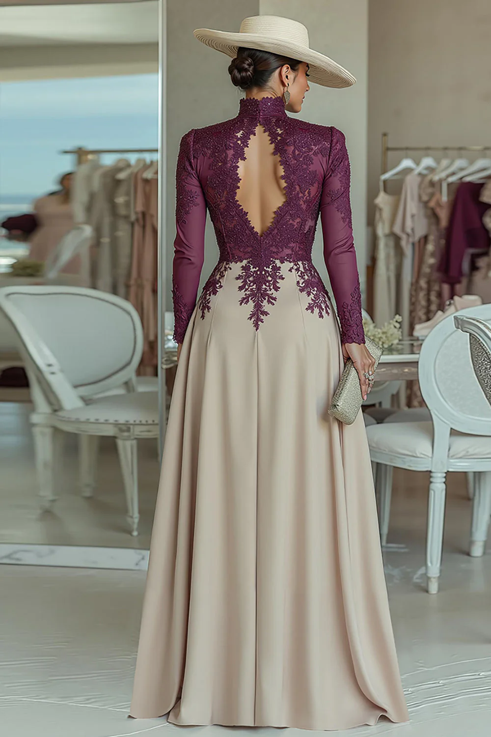 Combinaison pour mère de la mariée abricot violet col haut appliqué avec trou de serrure - Image 2
