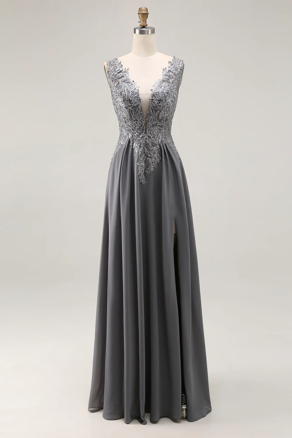 Anthracite Une ligne Col en V Dentelle Appliques Mère de la Robe de la mariée - Image 3