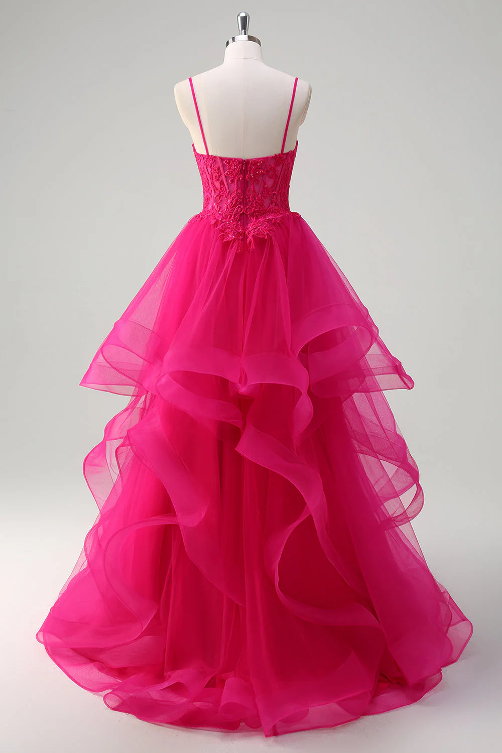 Appliques rose vif Corset Spaghetti bretelles Une ligne Spirale Volants Robe de bal - Image 2