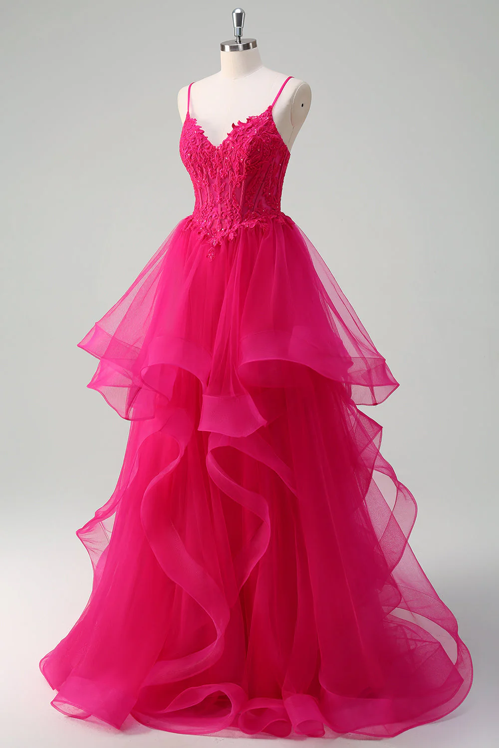 Appliques rose vif Corset Spaghetti bretelles Une ligne Spirale Volants Robe de bal - Image 3