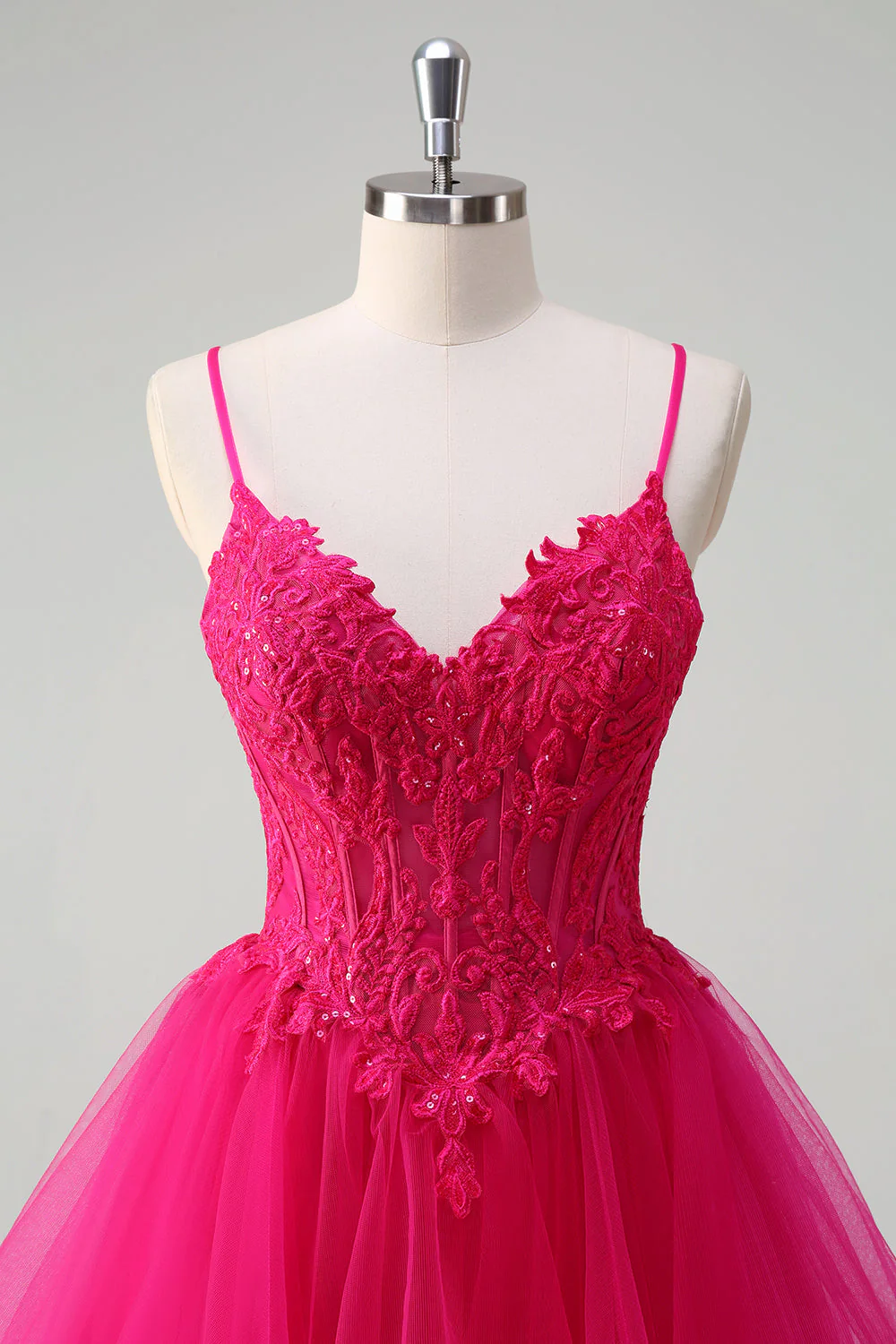 Appliques rose vif Corset Spaghetti bretelles Une ligne Spirale Volants Robe de bal - Image 4