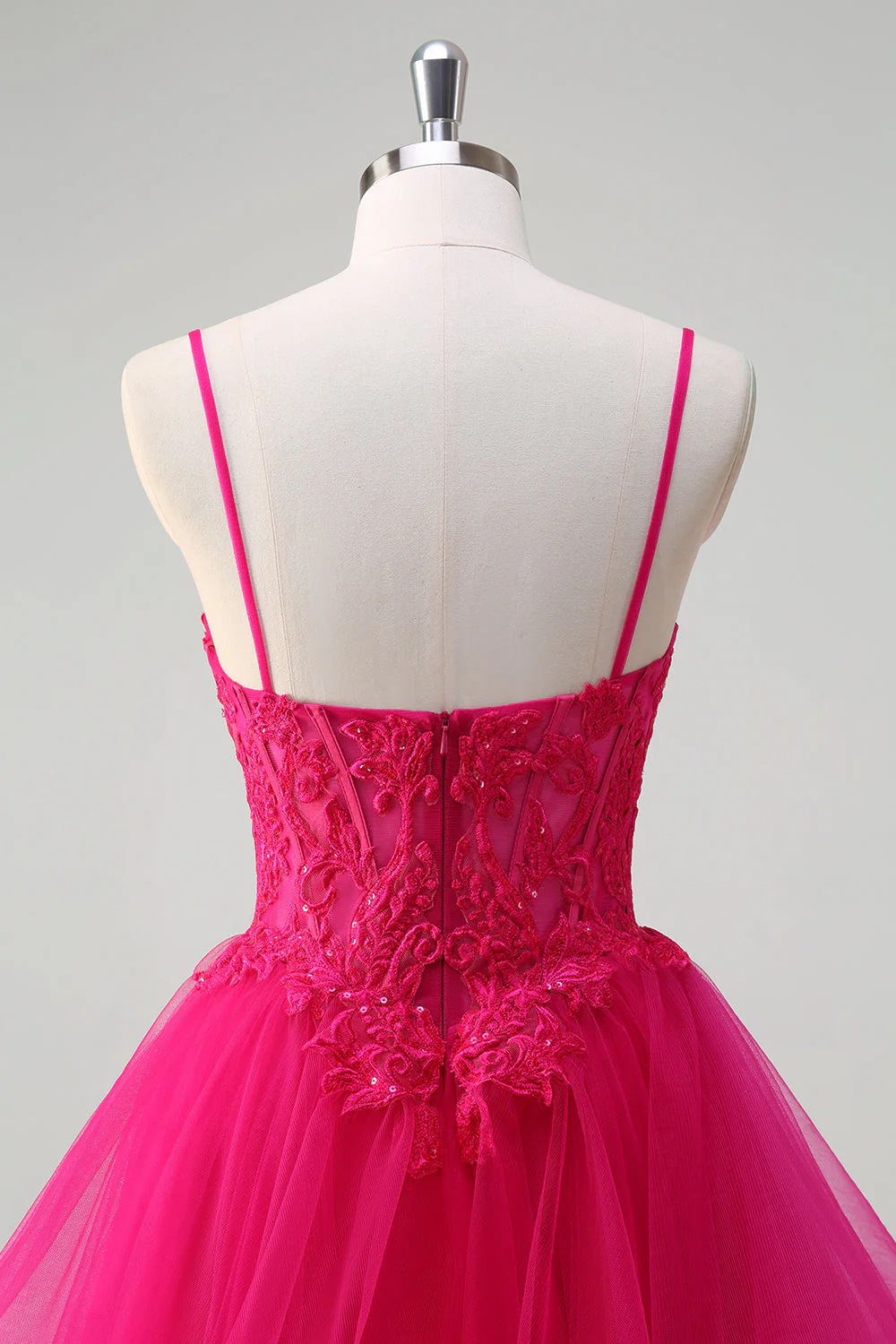 Appliques rose vif Corset Spaghetti bretelles Une ligne Spirale Volants Robe de bal - Image 5