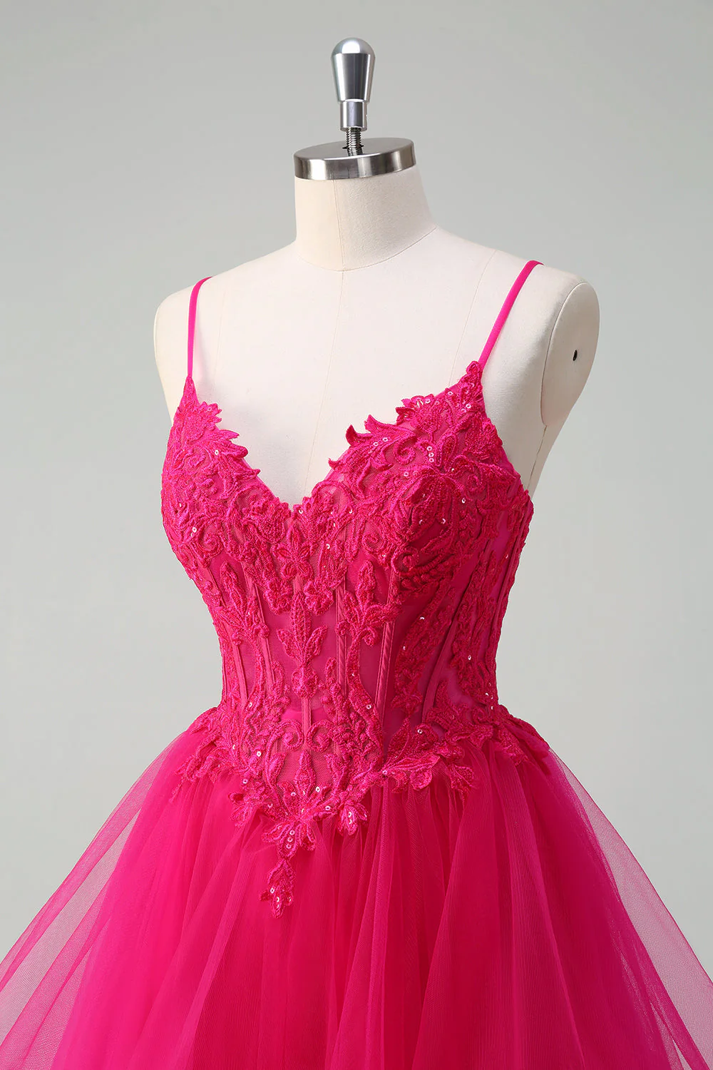 Appliques rose vif Corset Spaghetti bretelles Une ligne Spirale Volants Robe de bal - Image 6