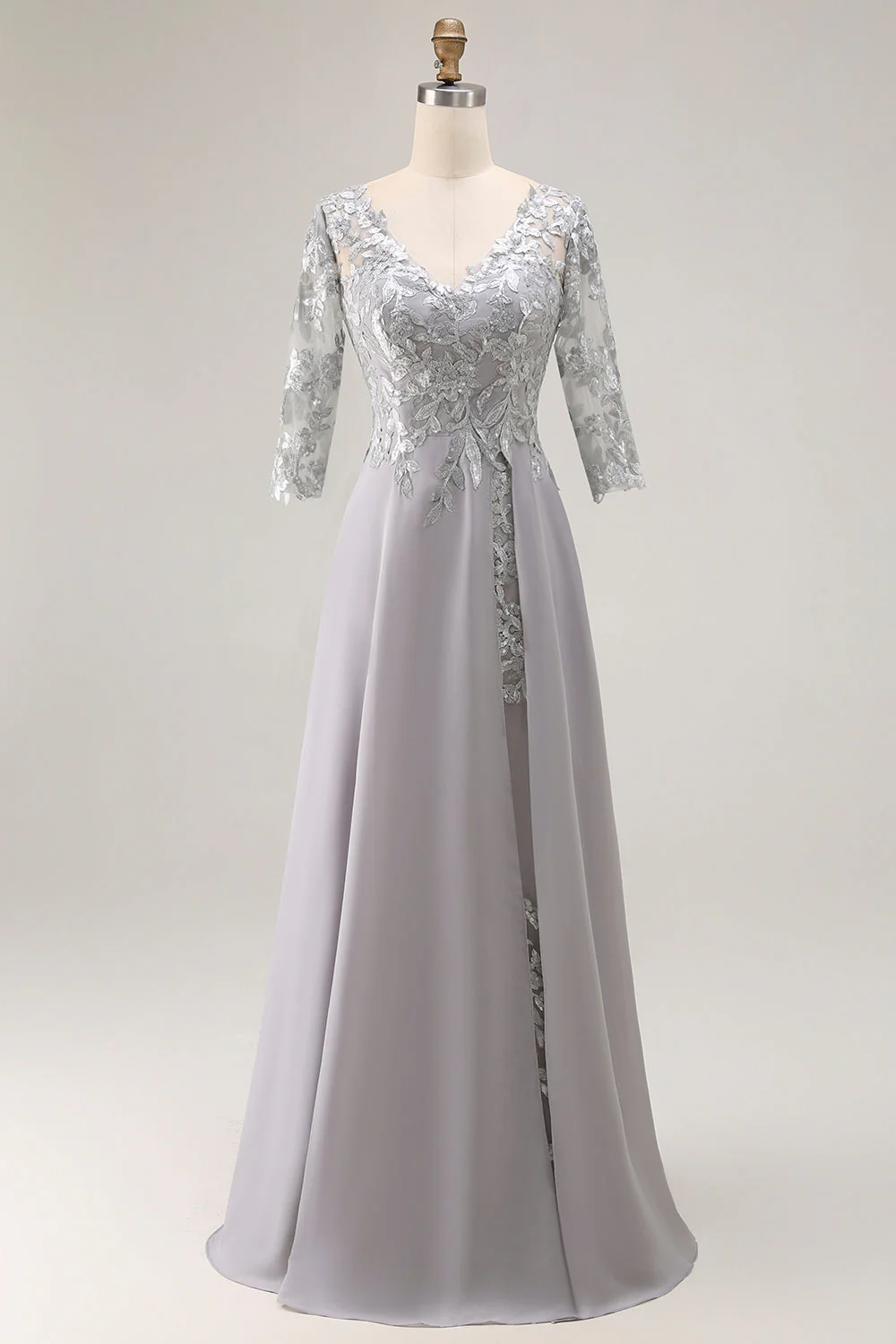 Argent Une Ligne Appliquée Col V Mère De La Robe De La Mariée Avec Manches 3/4