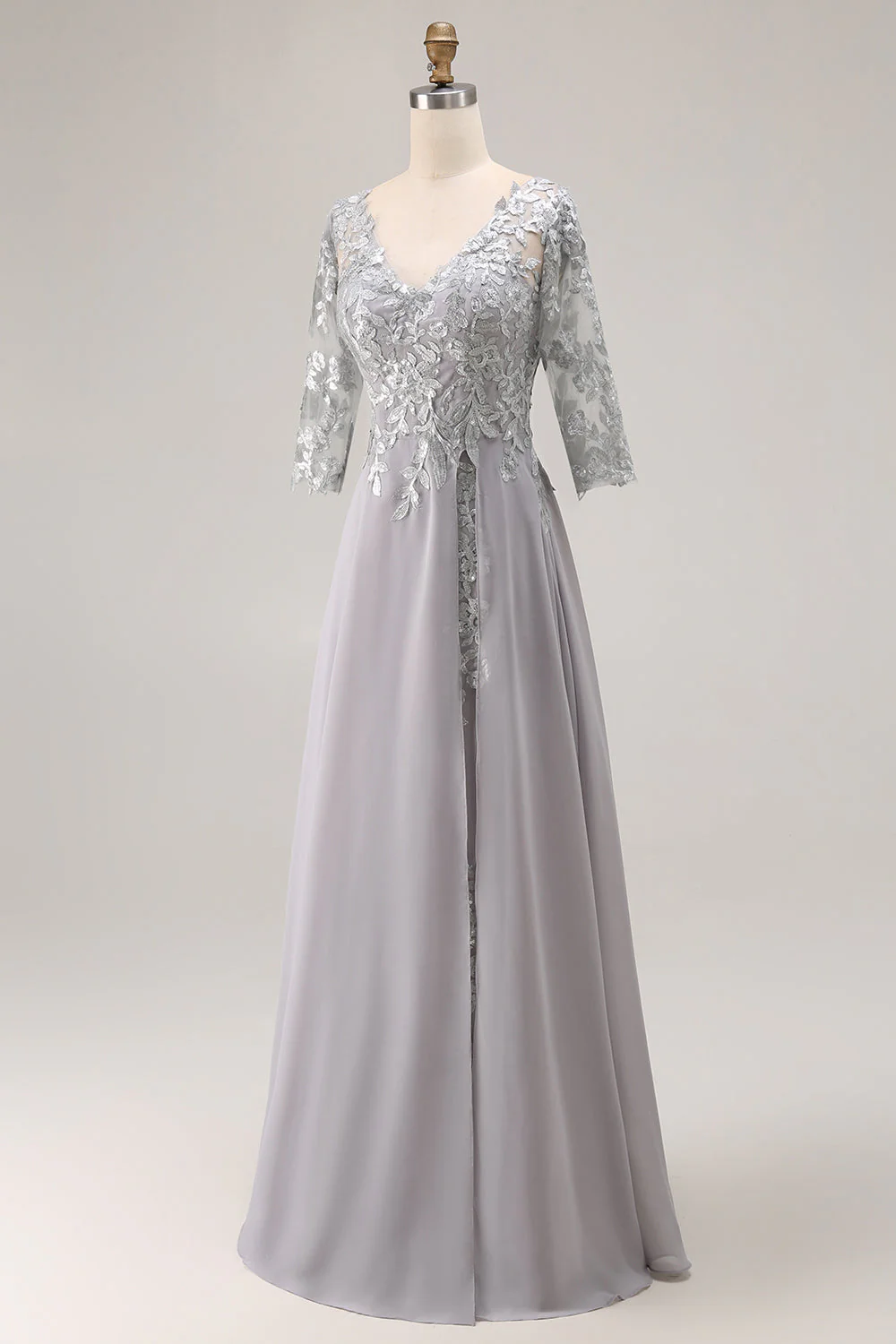 Argent Une Ligne Appliquée Col V Mère De La Robe De La Mariée Avec Manches 3/4 - Image 3