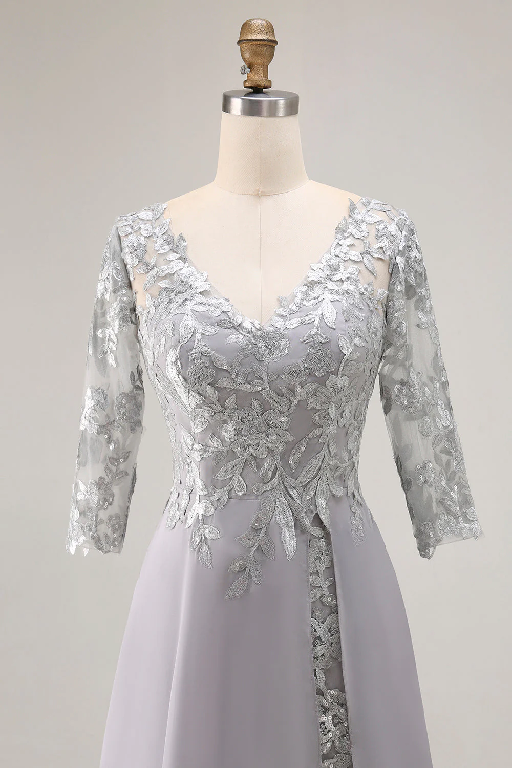 Argent Une Ligne Appliquée Col V Mère De La Robe De La Mariée Avec Manches 3/4 - Image 4