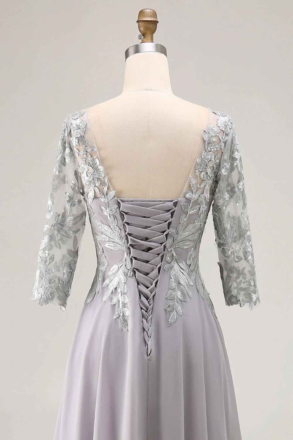 Argent Une Ligne Appliquée Col V Mère De La Robe De La Mariée Avec Manches 3/4 - Image 5