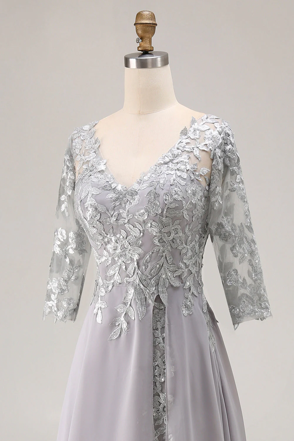 Argent Une Ligne Appliquée Col V Mère De La Robe De La Mariée Avec Manches 3/4 - Image 6