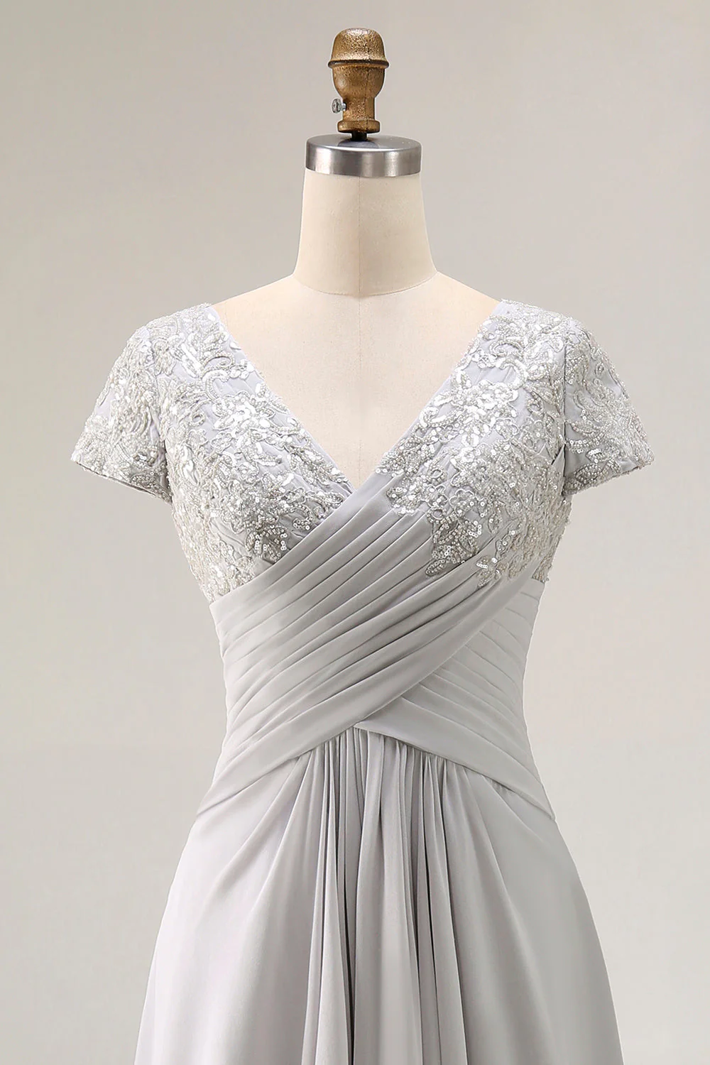Argent Une Ligne Col V Ruché Mère De La Robe De La Mariée - Image 6