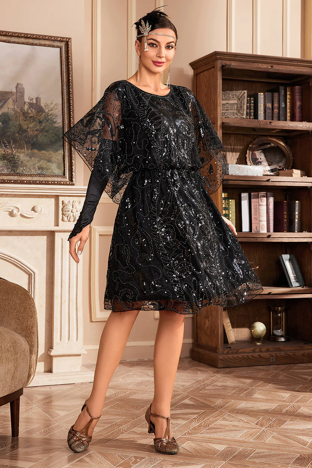Batwing Manches Black Sequins 1920s Robe - Image 4