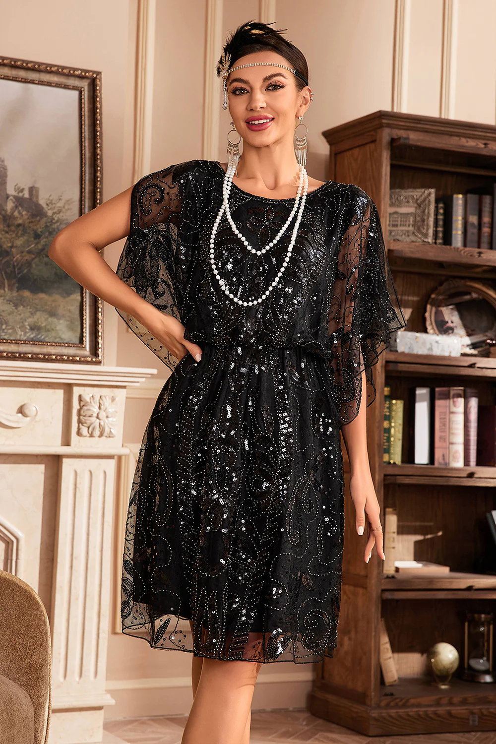 Batwing Manches Black Sequins 1920s Robe - Image 5