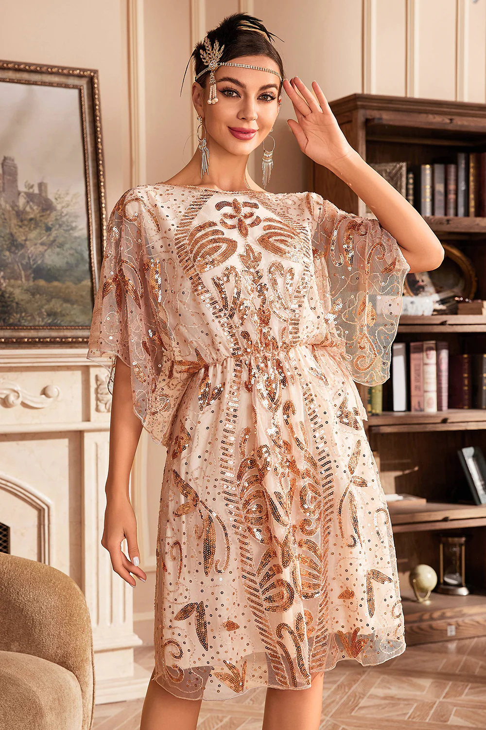 Robe années 20 manches batwing en paillettes champagne - Image 3
