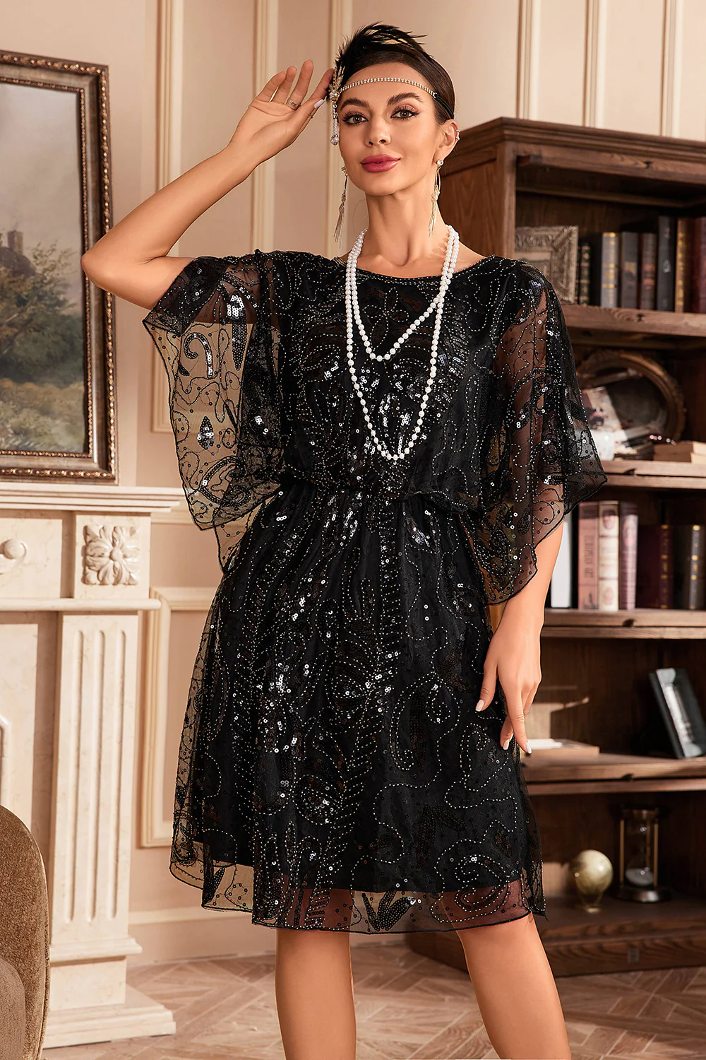Batwing Manches Black Sequins 1920s Robe - Image 3