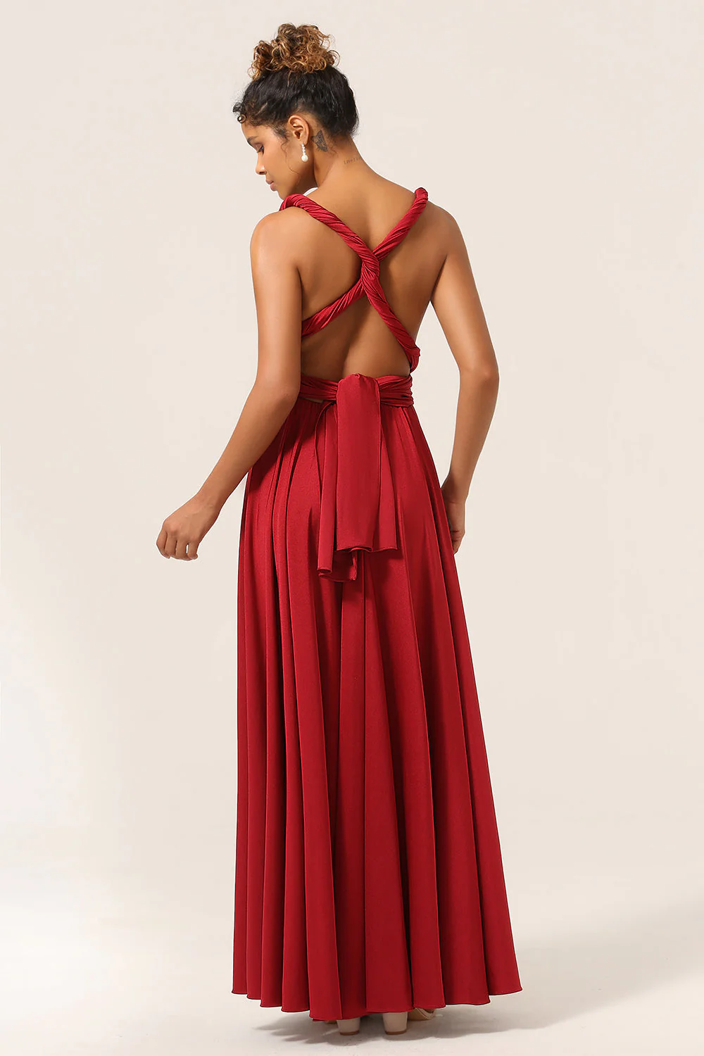 Beauté A-Line Halter Col Bourgogne Robe de demoiselle d’honneur longue avec Criss Cross Back - Image 6