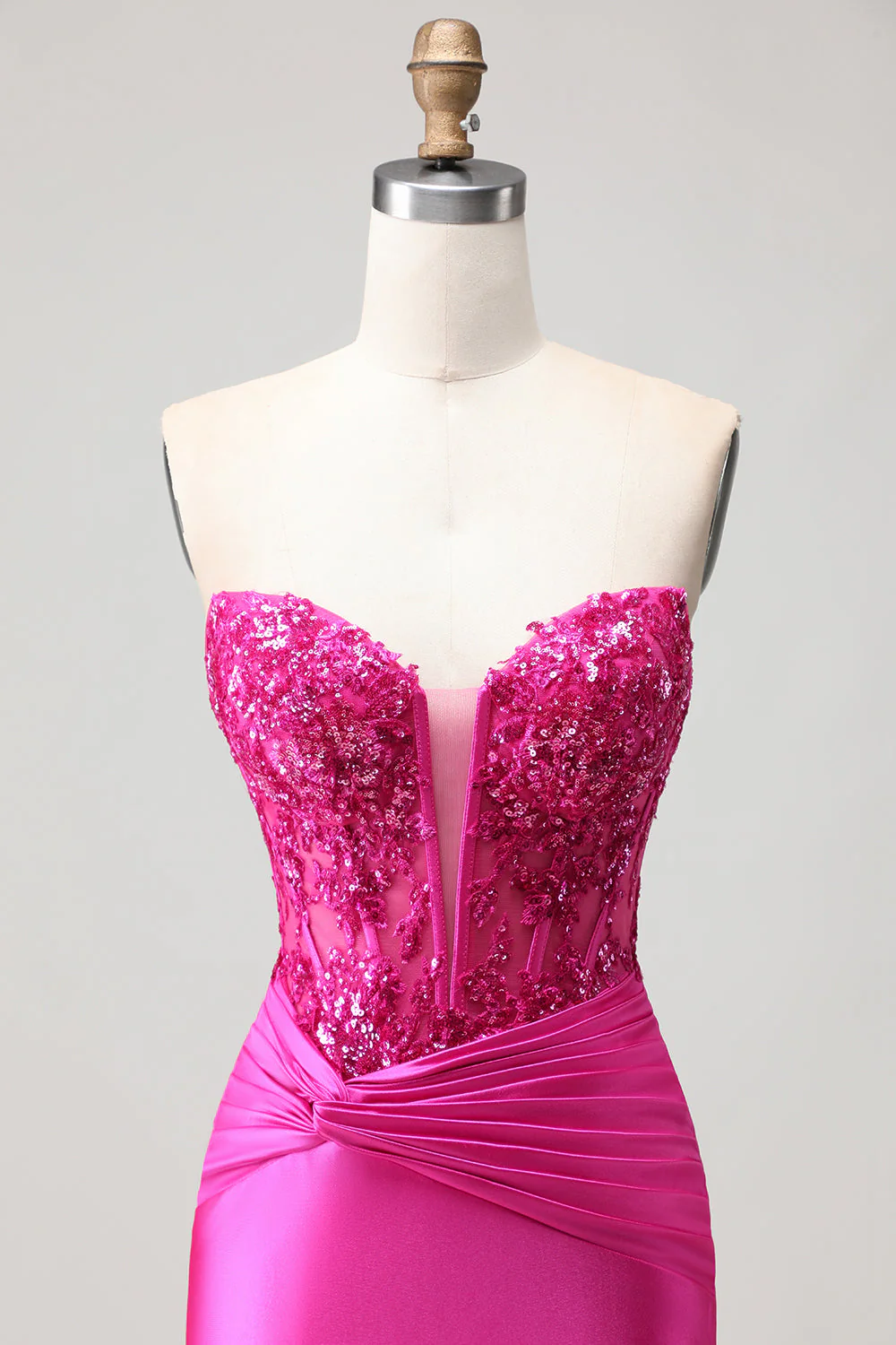 Belle sirène en fuchsia, corset plissé à paillettes, longue robe de bal avec dentelle dans le dos - Image 4