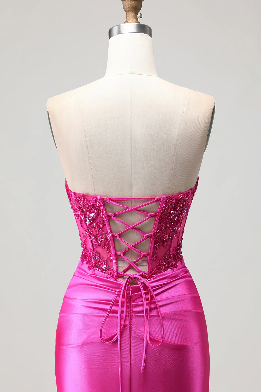 Belle sirène en fuchsia, corset plissé à paillettes, longue robe de bal avec dentelle dans le dos - Image 5