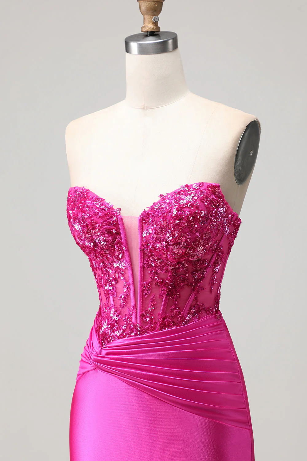 Belle sirène en fuchsia, corset plissé à paillettes, longue robe de bal avec dentelle dans le dos - Image 6