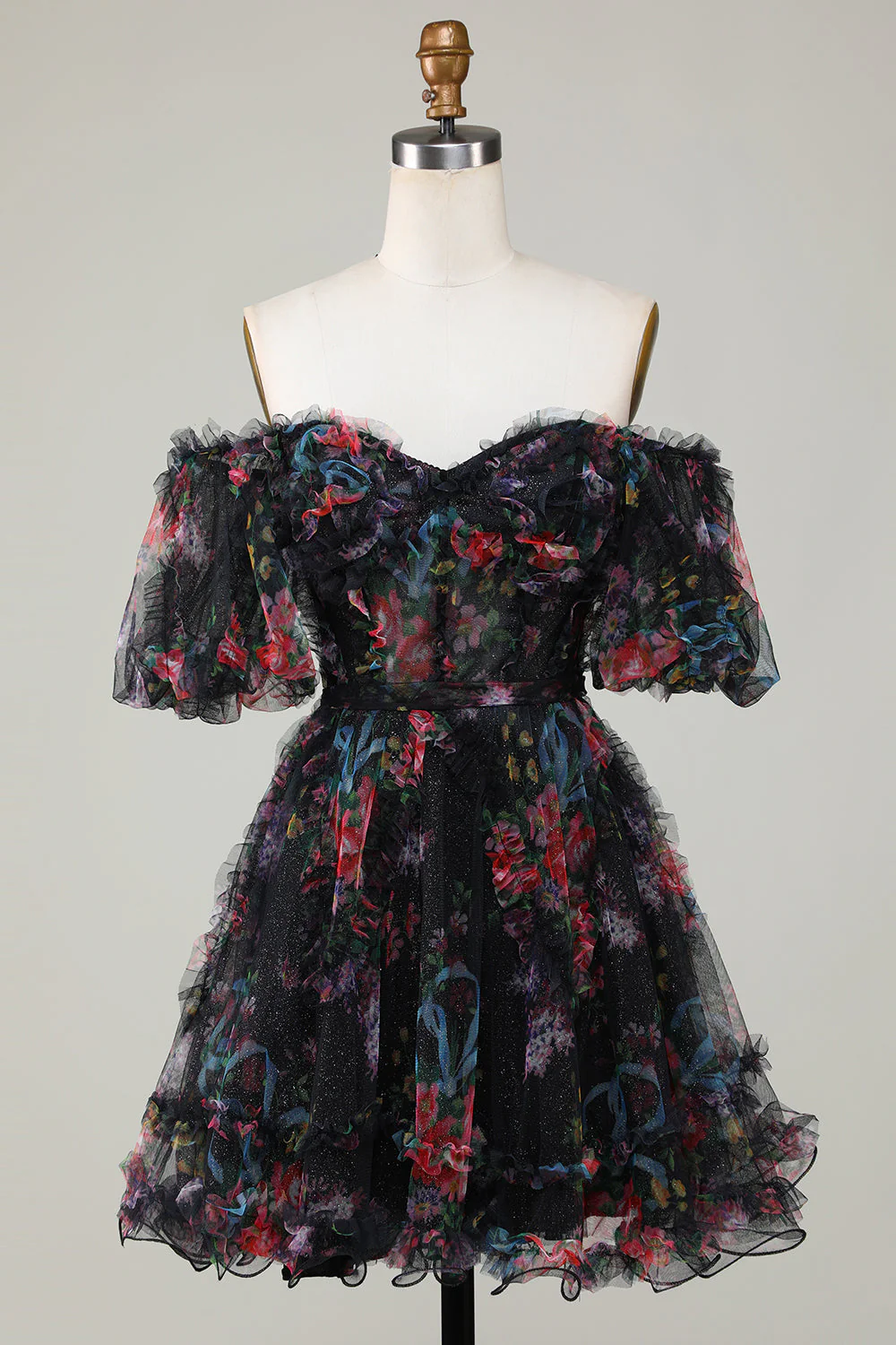 Belle Une ligne à l’épaule Fuchsia Tulle Robe courte de cocktail à la maison avec manches courtes - Image 13