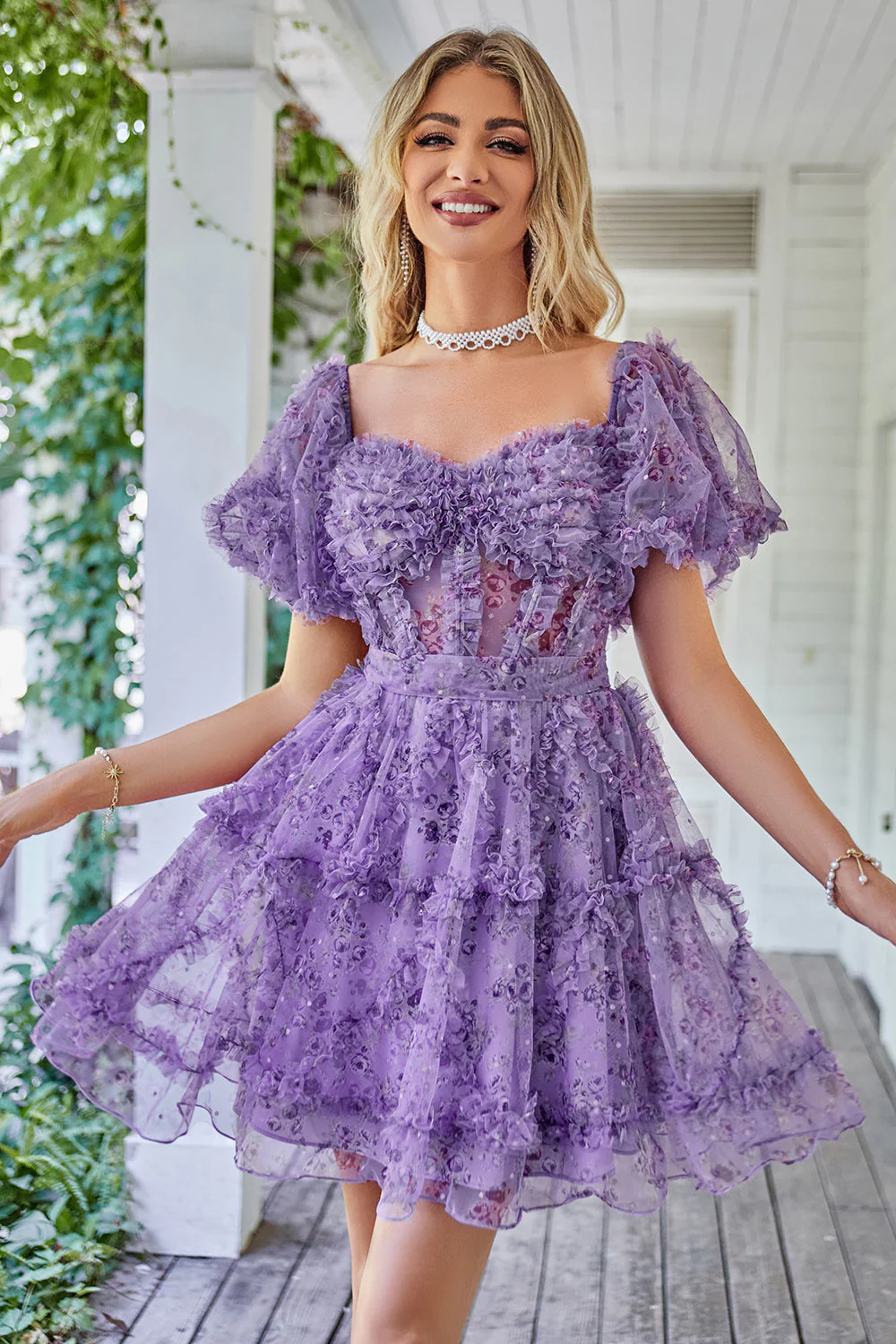 Belle Une ligne à l’épaule Fuchsia Tulle Robe courte de cocktail à la maison avec manches courtes - Image 16