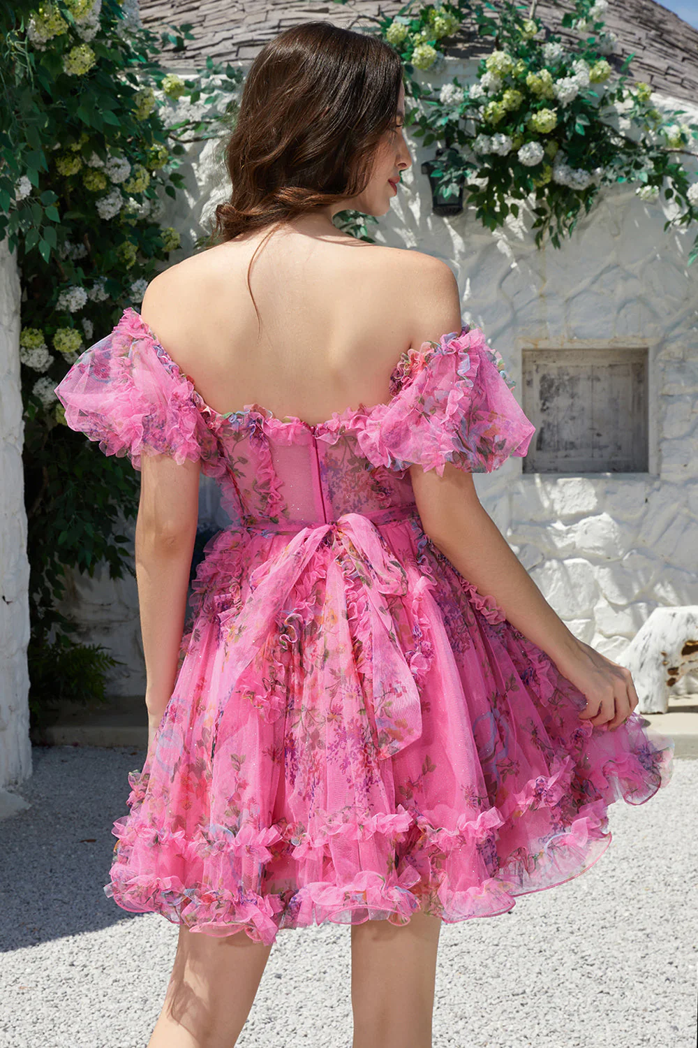 Belle Une ligne à l’épaule Fuchsia Tulle Robe courte de cocktail à la maison avec manches courtes - Image 2