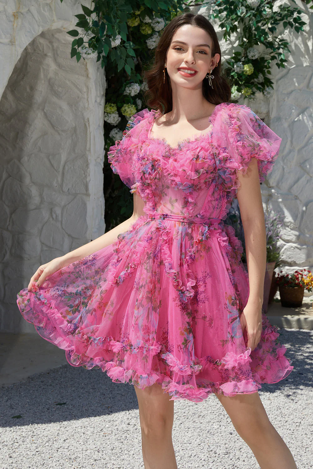 Belle Une ligne à l’épaule Fuchsia Tulle Robe courte de cocktail à la maison avec manches courtes - Image 3