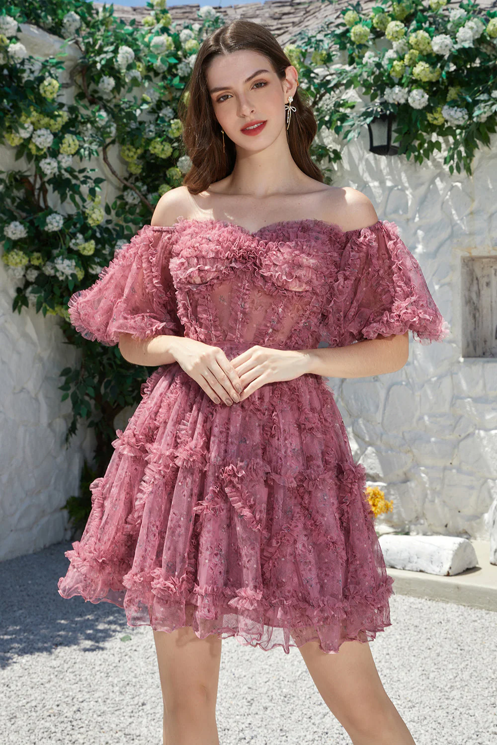 Belle Une ligne à l’épaule Fuchsia Tulle Robe courte de cocktail à la maison avec manches courtes - Image 7