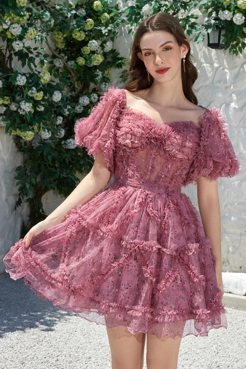 Belle Une ligne à l’épaule Fuchsia Tulle Robe courte de cocktail à la maison avec manches courtes - Image 9