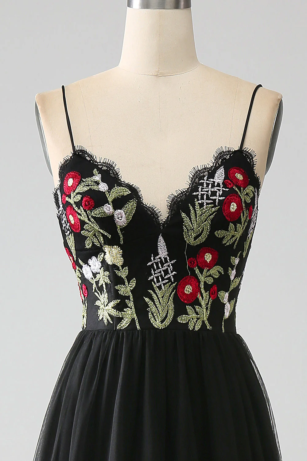 Robe de Soirée noire trapèze à bretelles spaghetti brodées longue corset - Image 4