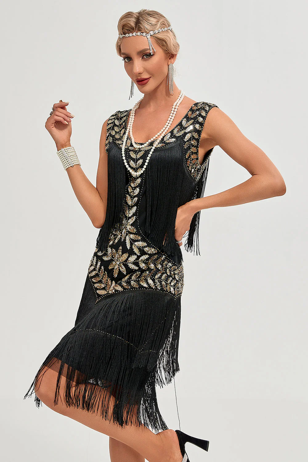 Robe Gatsby champagne des années 20 à paillettes et franges - Image 28