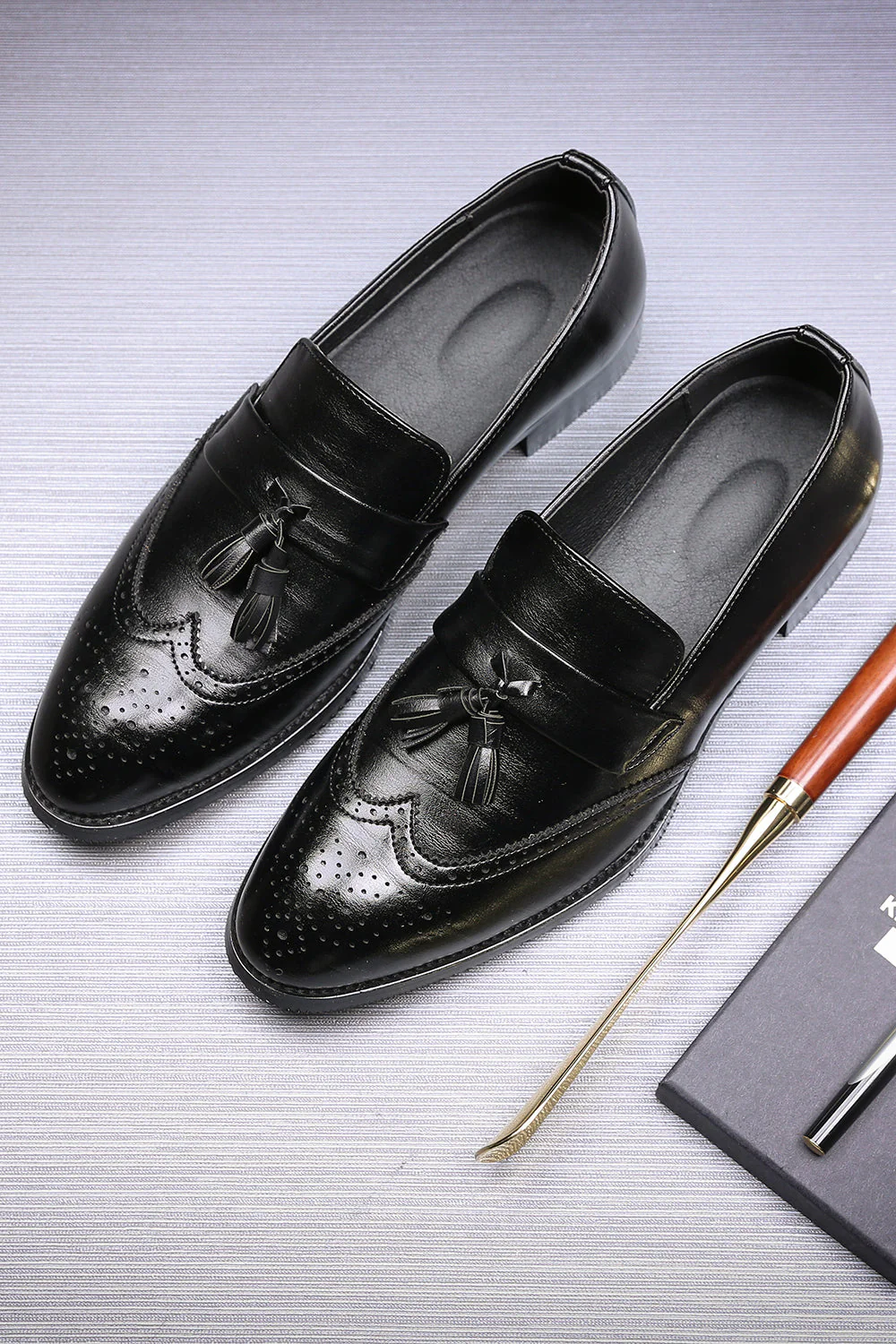 Black Slip-On Fringe Chaussures de fête pour hommes - Image 2