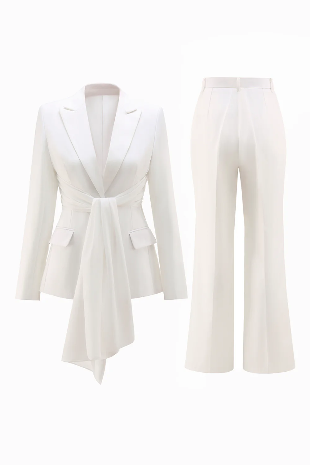 Costume femme blanc 2 pièces à revers cranté avec ceinture - Image 3